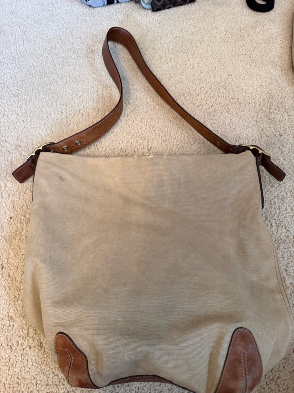 90s Neutral Canvas Shoulder Tote with Brown Leather Trim